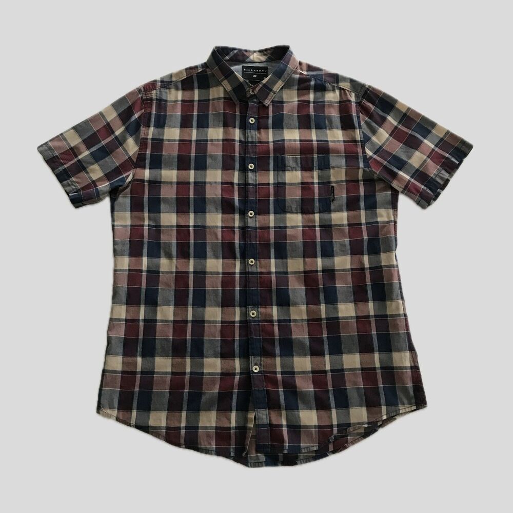 Billabong Mens Casual Surf Red Blue Plaid Short Sleeve Cotton Mens Shirt XL